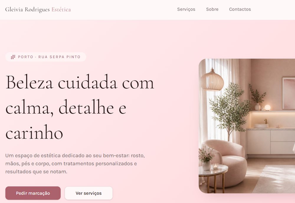 Captura de ecrã do website Gleivia Rodrigues Estética